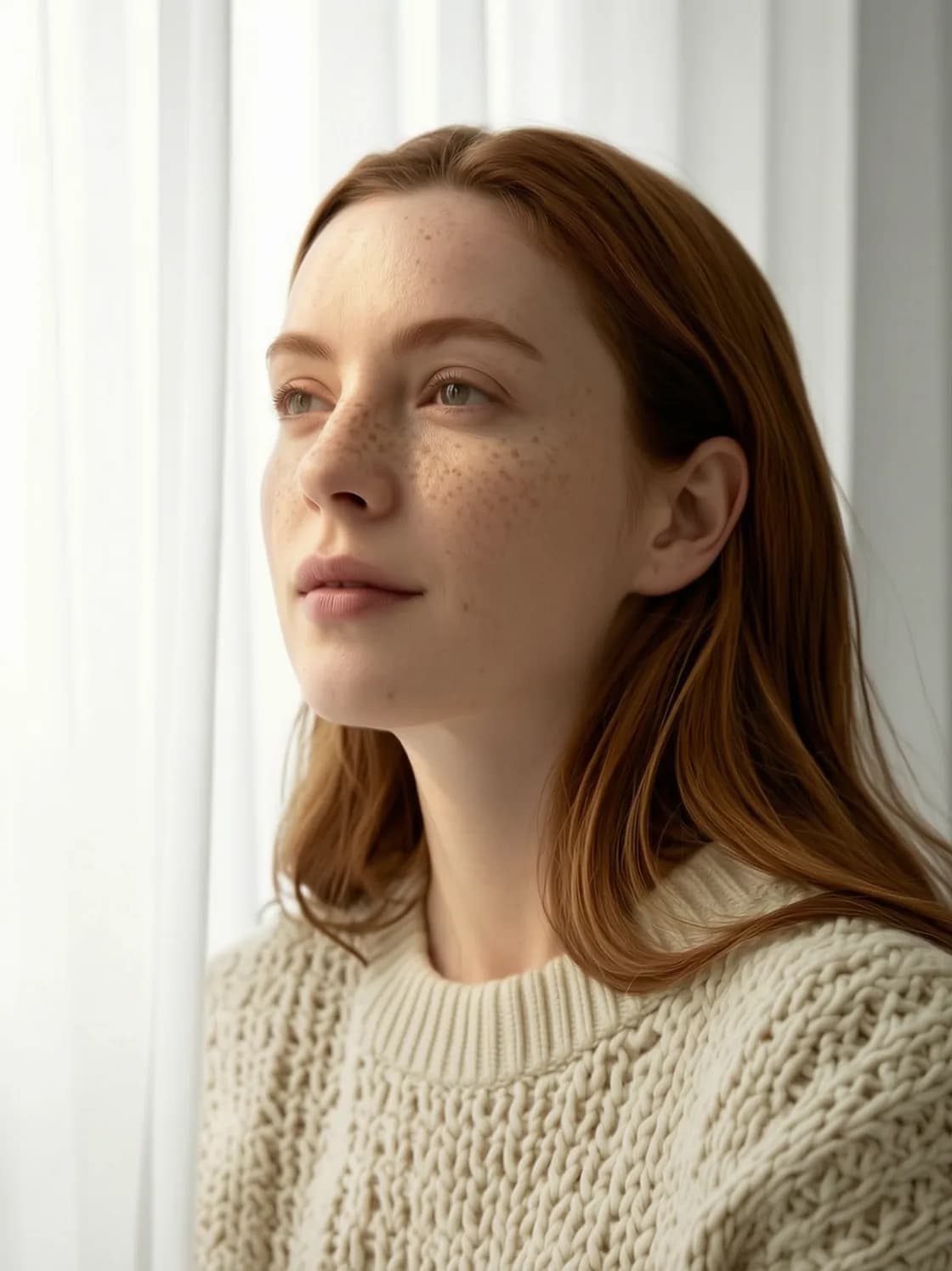 Woman with light freckles looking out of a bright window