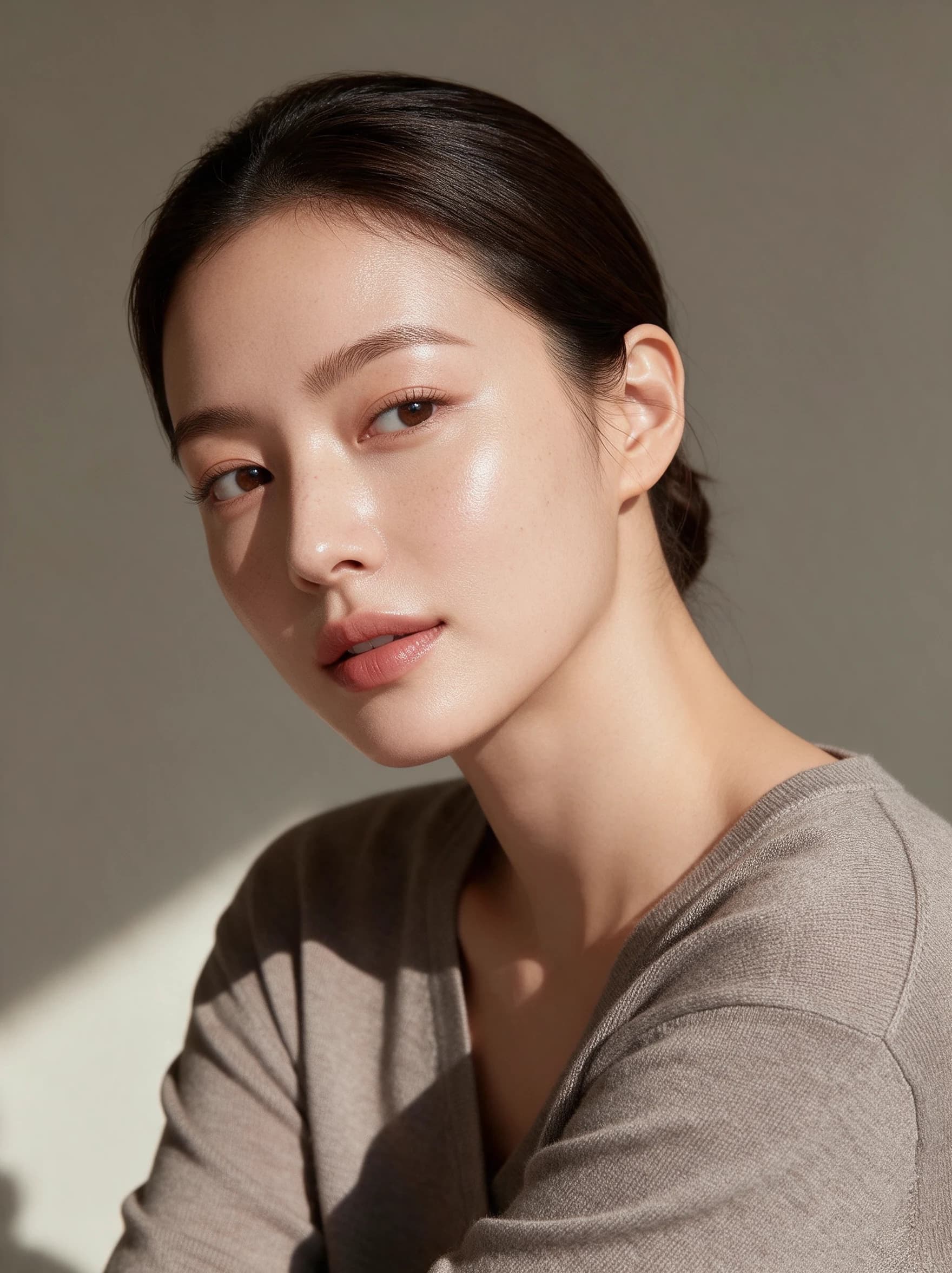 A woman with calm, clear skin looking at the camera